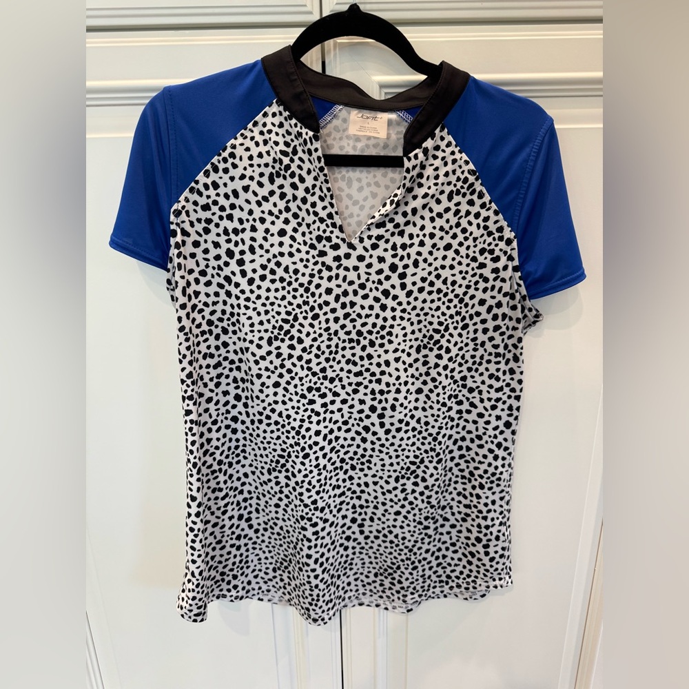Jofit Black & White Dalmatian Print Short Sleeve Top with Blue Raglan Sleeves